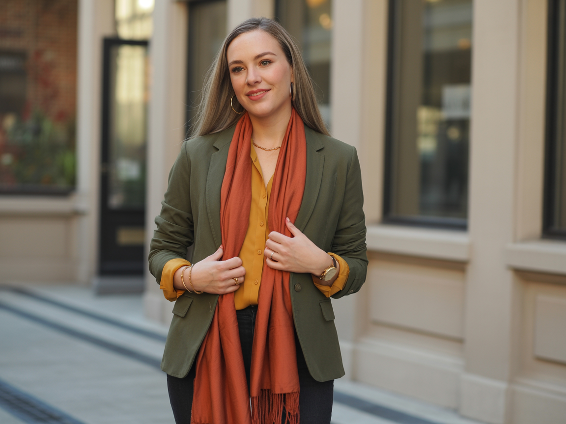 Professional woman styling warm autumn colors - wearing olive green blazer with mustard blouse, burnt orange scarf, showcasing color pairing techniques
