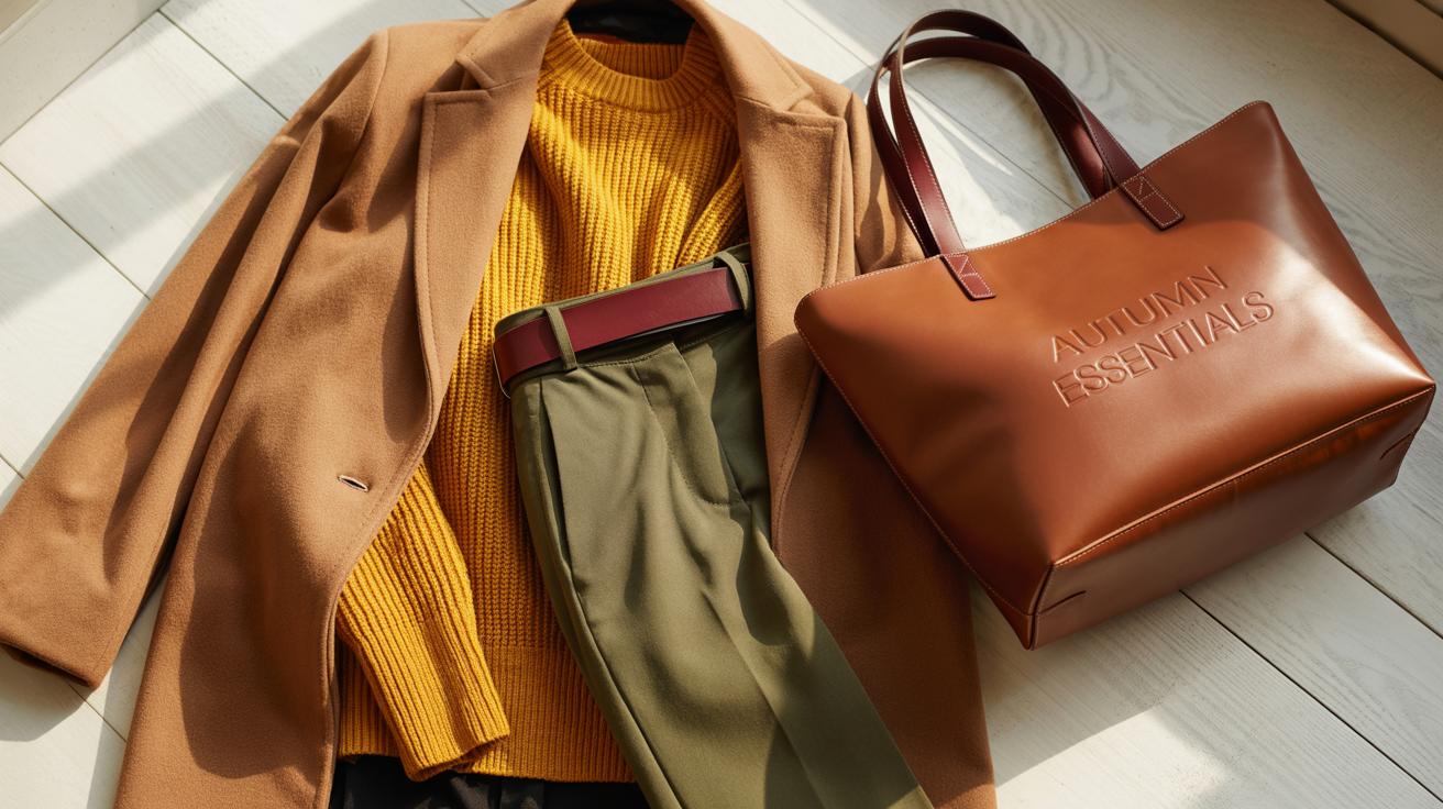 Warm autumn wardrobe essentials flatlay - camel coat, mustard sweater, olive pants, burgundy accessories, brown leather bag arranged elegantly