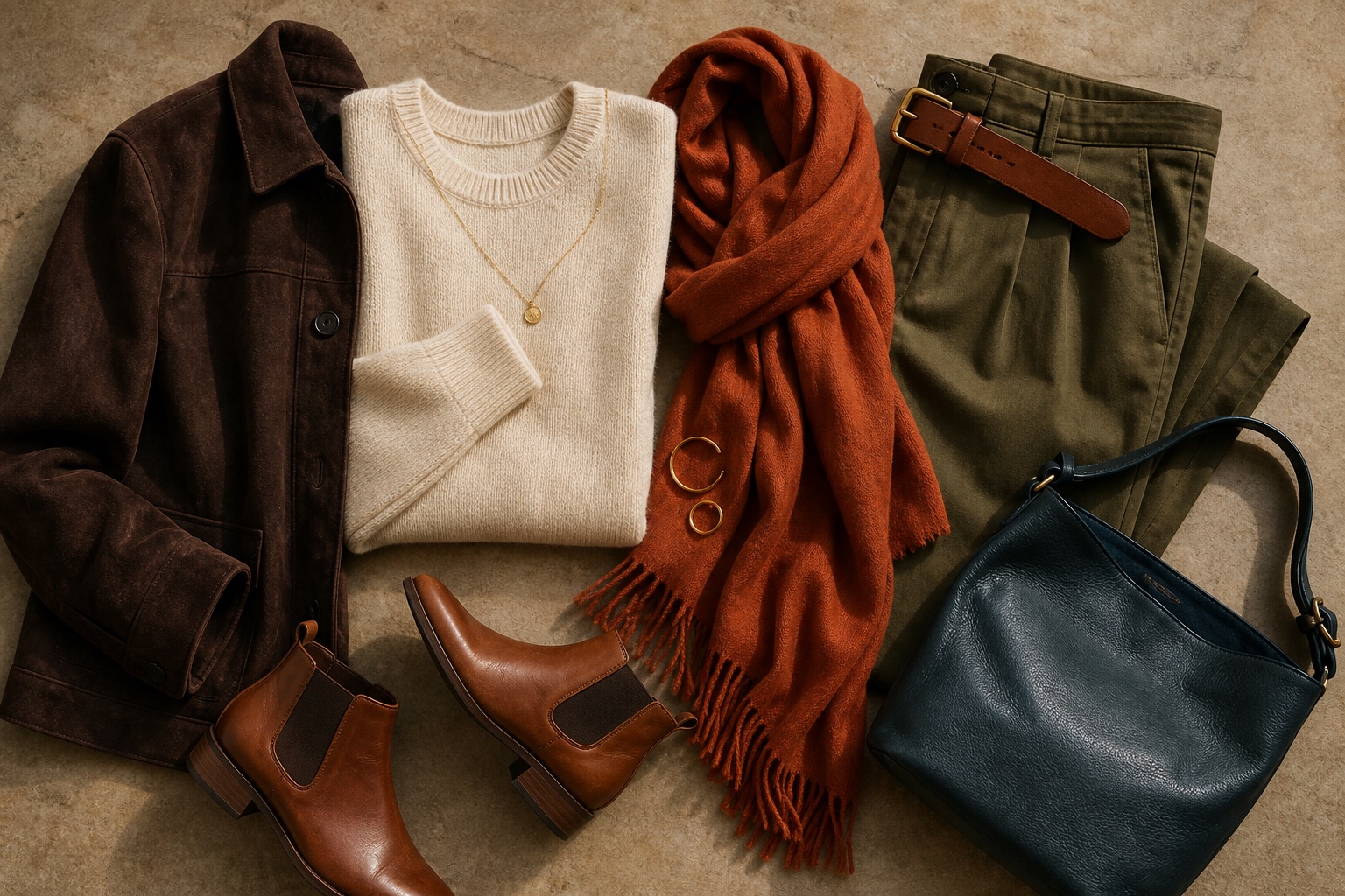 Chocolate jacket, cream knit, olive trousers, rust scarf, cognac boots, and petrol blue bag arranged as an Autumn capsule