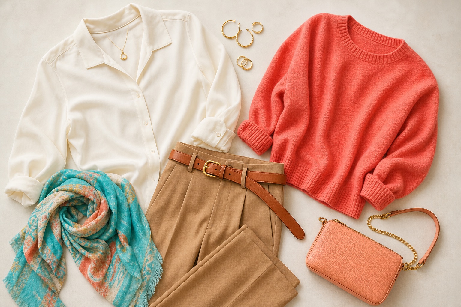 Ivory blouse, camel trousers, coral sweater, turquoise scarf, and warm accessories arranged as a light Spring capsule
