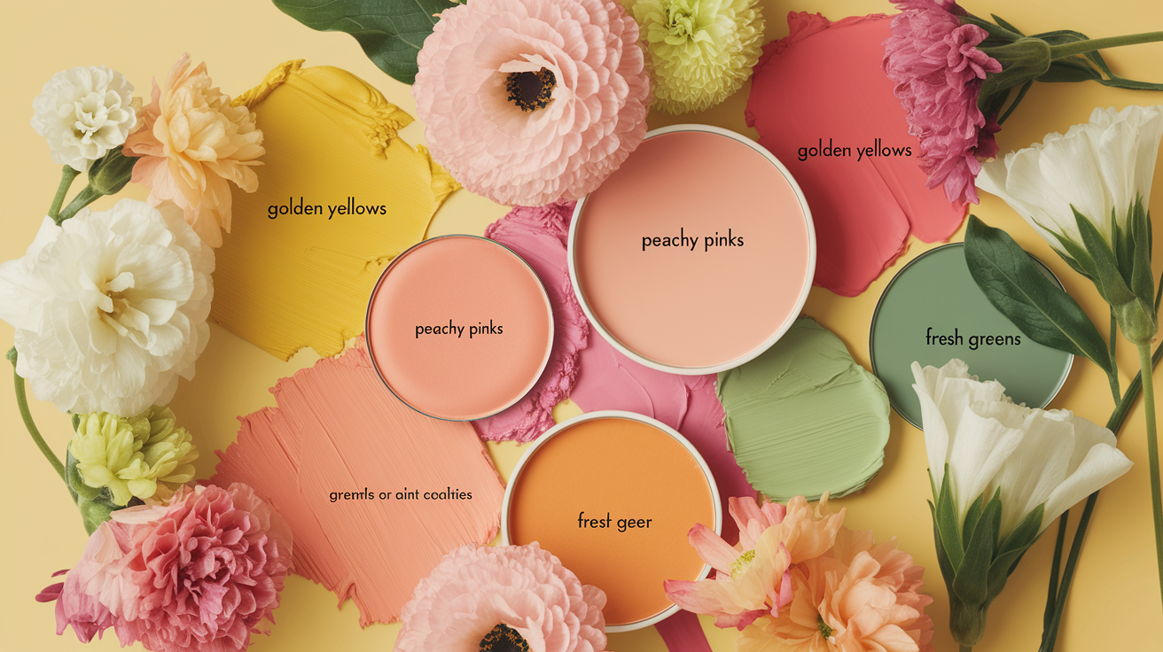 Complete warm spring color palette with golden yellows, peachy pinks, and fresh greens that define the season