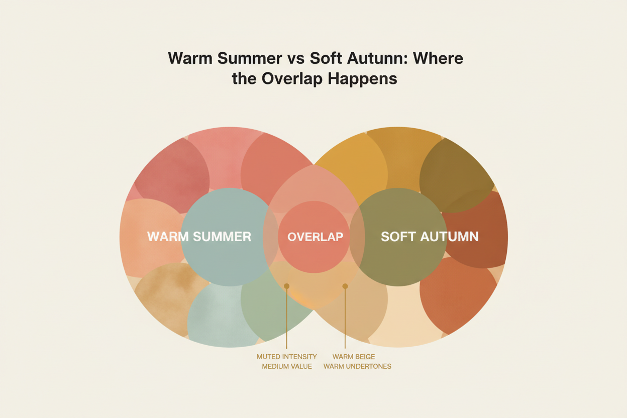 Warm Summer Color Palette: Common Confusion section visual for Warm Summer vs. Soft Autumn: Where the Overlap Happens