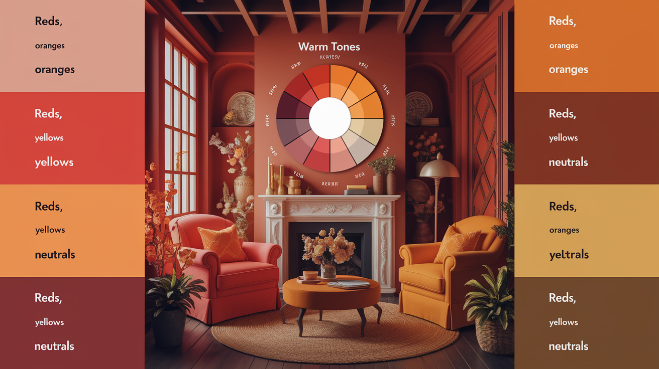 Step-by-step process showing how to create a warm color palette with color wheel and samples