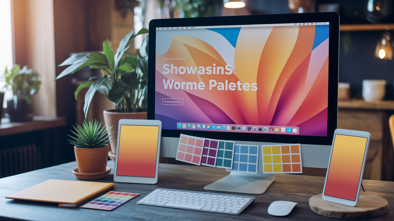 Digital applications of warm color palettes showing screen vs print considerations