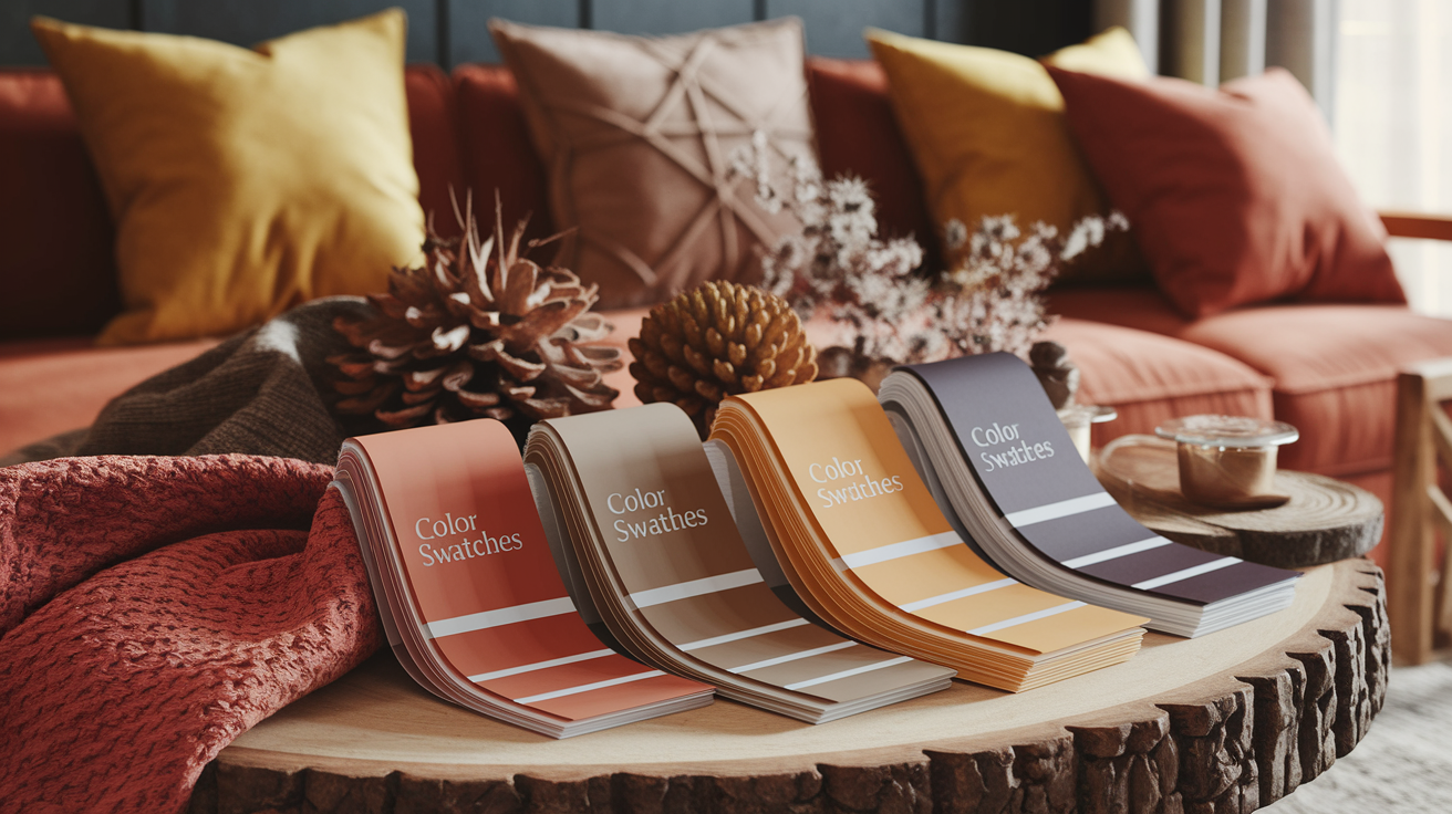 Collection of curated warm color palettes including sunset glow, autumnal earth, spiced terracotta, and golden harvest