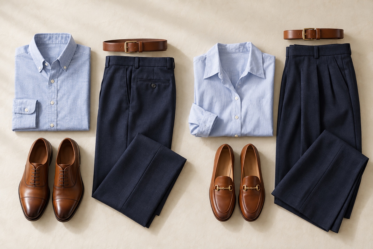 Two business casual navy trouser outfits with light blue shirts, cognac shoes, and matching belts