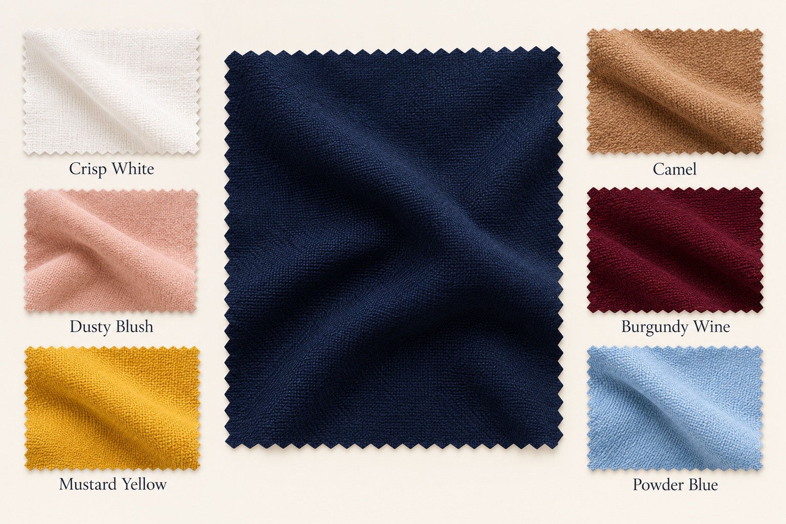 Navy fabric beside white, camel, dusty blush, burgundy, mustard, and powder blue swatches