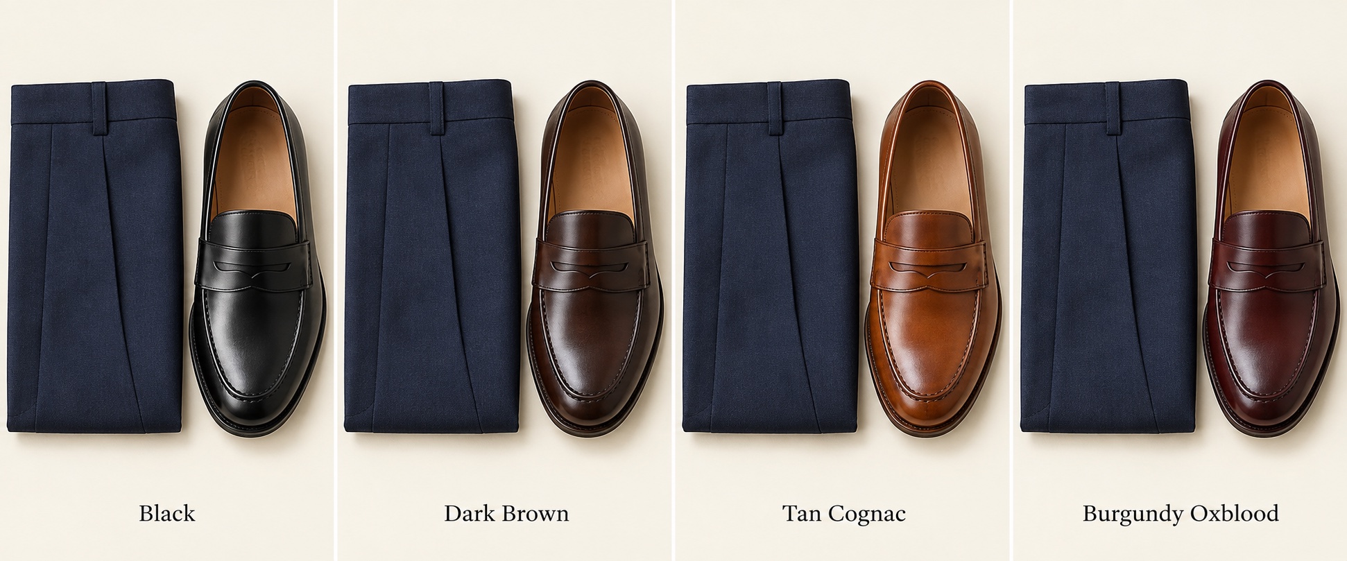 Four navy trouser fabric swatches beside identical loafers in black, dark brown, tan cognac, and burgundy oxblood