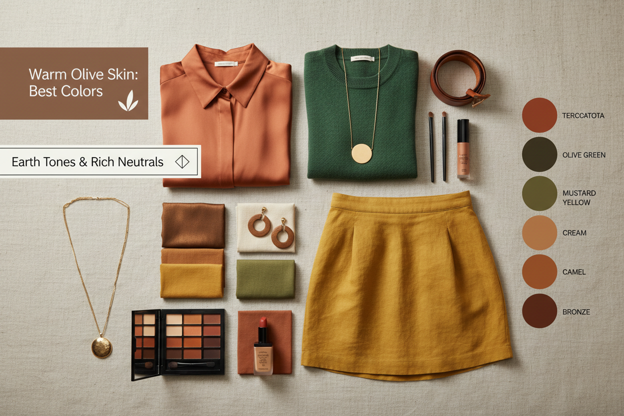 What Colors Look Good on Warm Olive Skin section visual for The Colors That Work Best: Earth Tones and Rich Neutrals