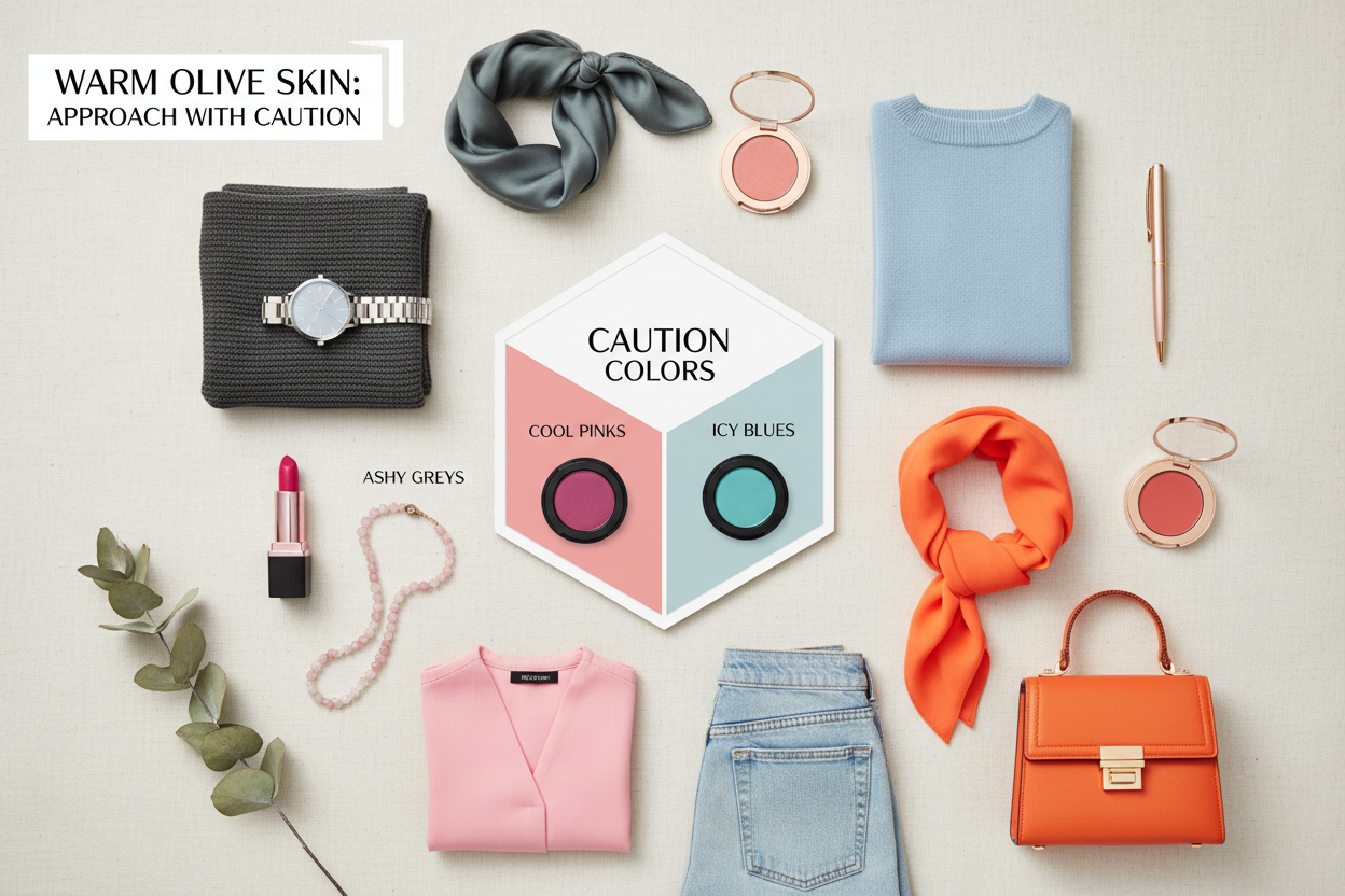 What Colors Look Good on Warm Olive Skin section visual for Colors to Approach With Caution on Warm Olive Skin