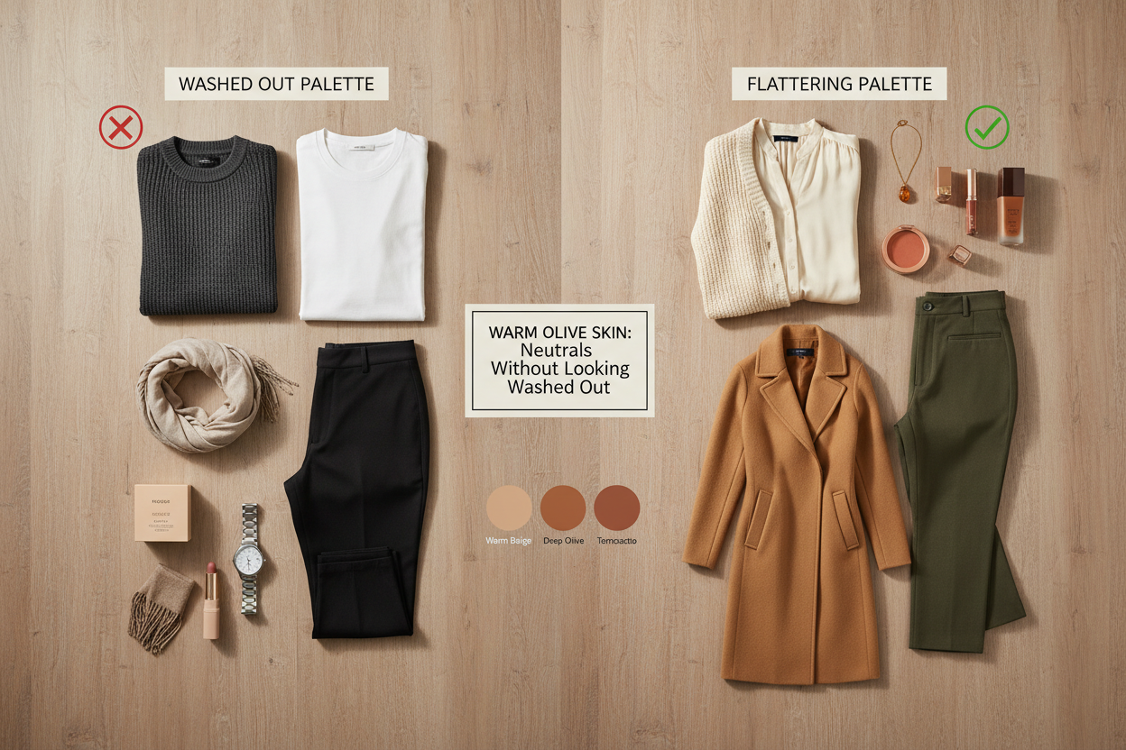 What Colors Look Good on Warm Olive Skin section visual for How to Wear Neutrals Without Looking Washed Out