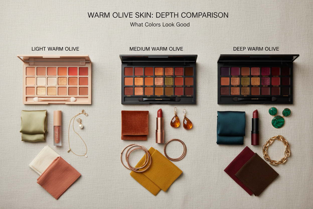 What Colors Look Good on Warm Olive Skin section visual for Warm Olive Skin Across Different Depths: Light, Medium, and Deep