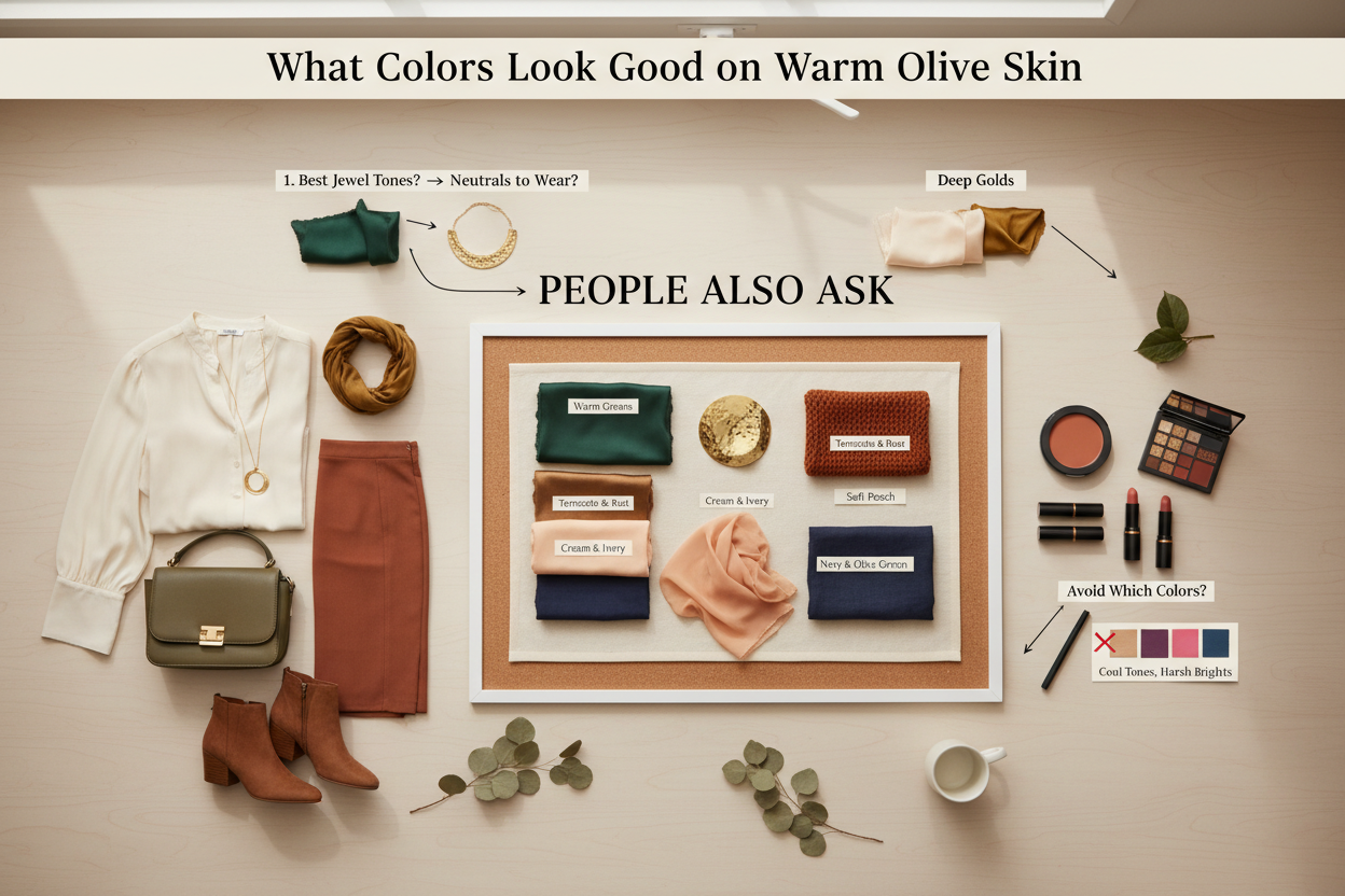 What Colors Look Good on Warm Olive Skin section visual for People Also Ask