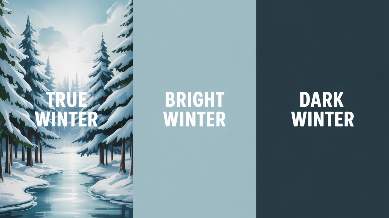 Winter family color comparison showing True Winter, Bright Winter, and Dark Winter palettes side by side with cool tones, high contrast and bright colors
