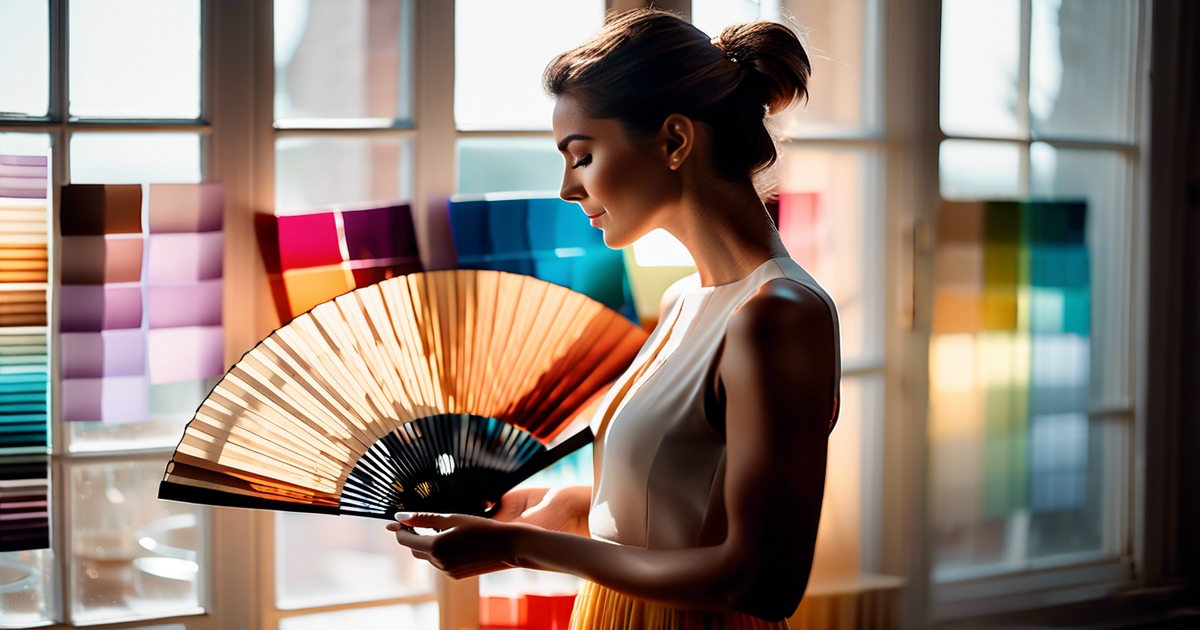 Realistic style woman holding color swatches demonstrating the 16-season color analysis system for finding your perfect palette