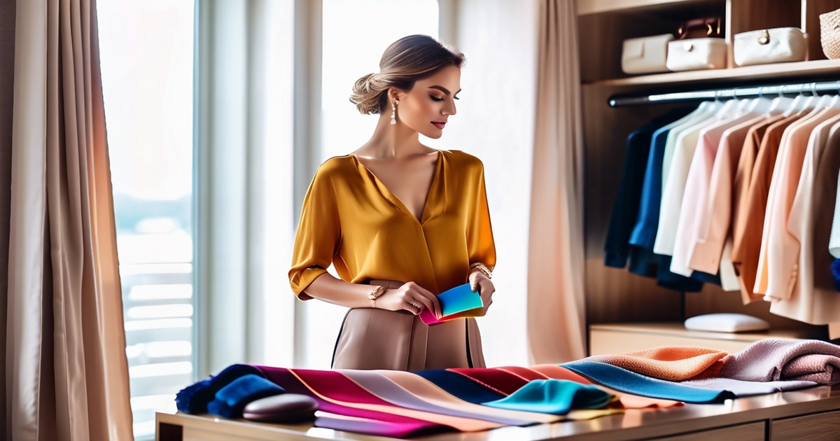 Realistic style woman thoughtfully applying her seasonal color palette to wardrobe and styling choices